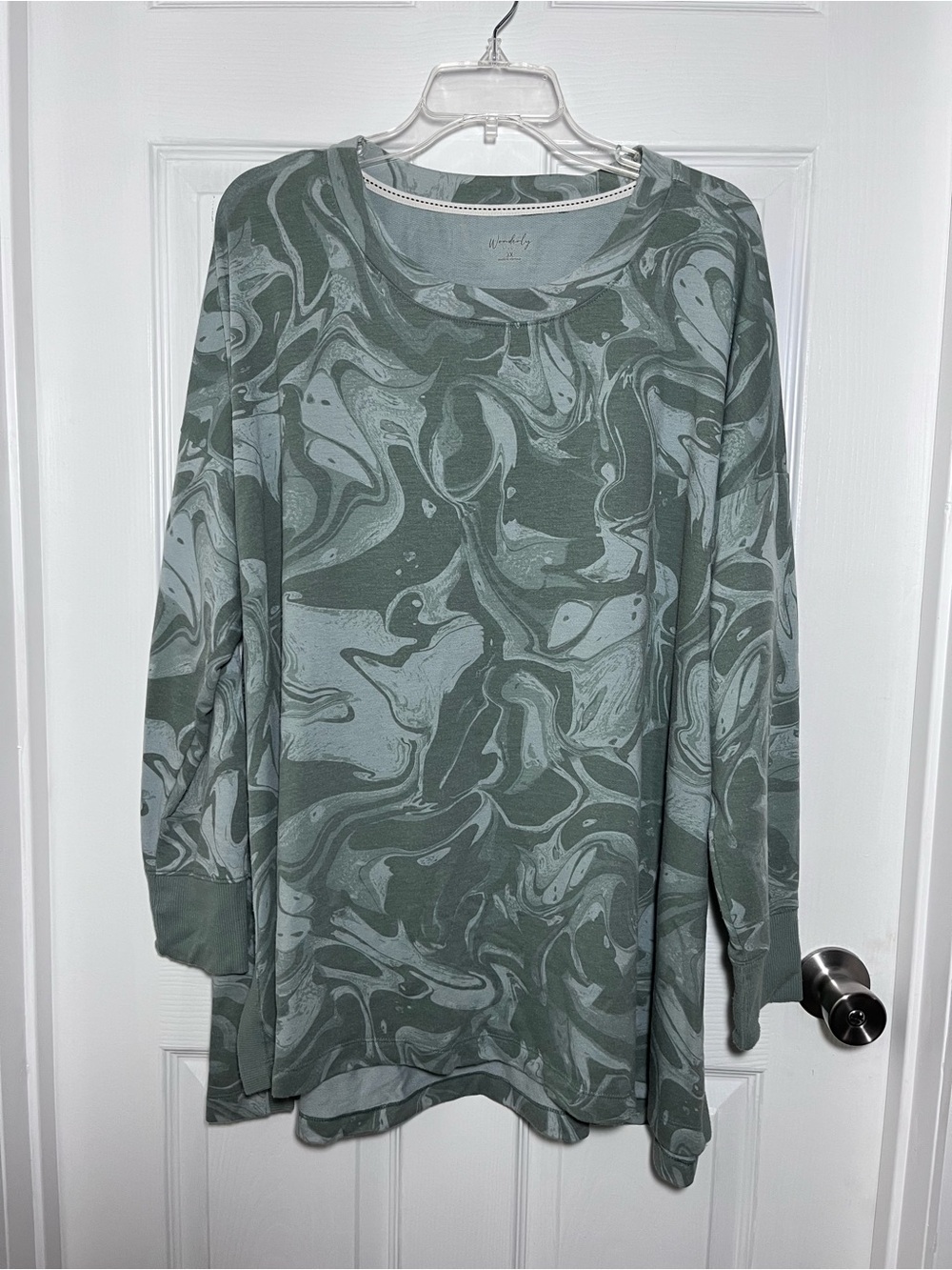 Wonderly Marble-Print Scoop Neck French Terry Top - Shades of Sage Green